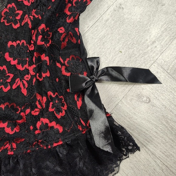 Nwts! Rene Rofe Women's Large Metalic Red & Black Lace Floral Lingerie With Bows - Picture 3 of 16